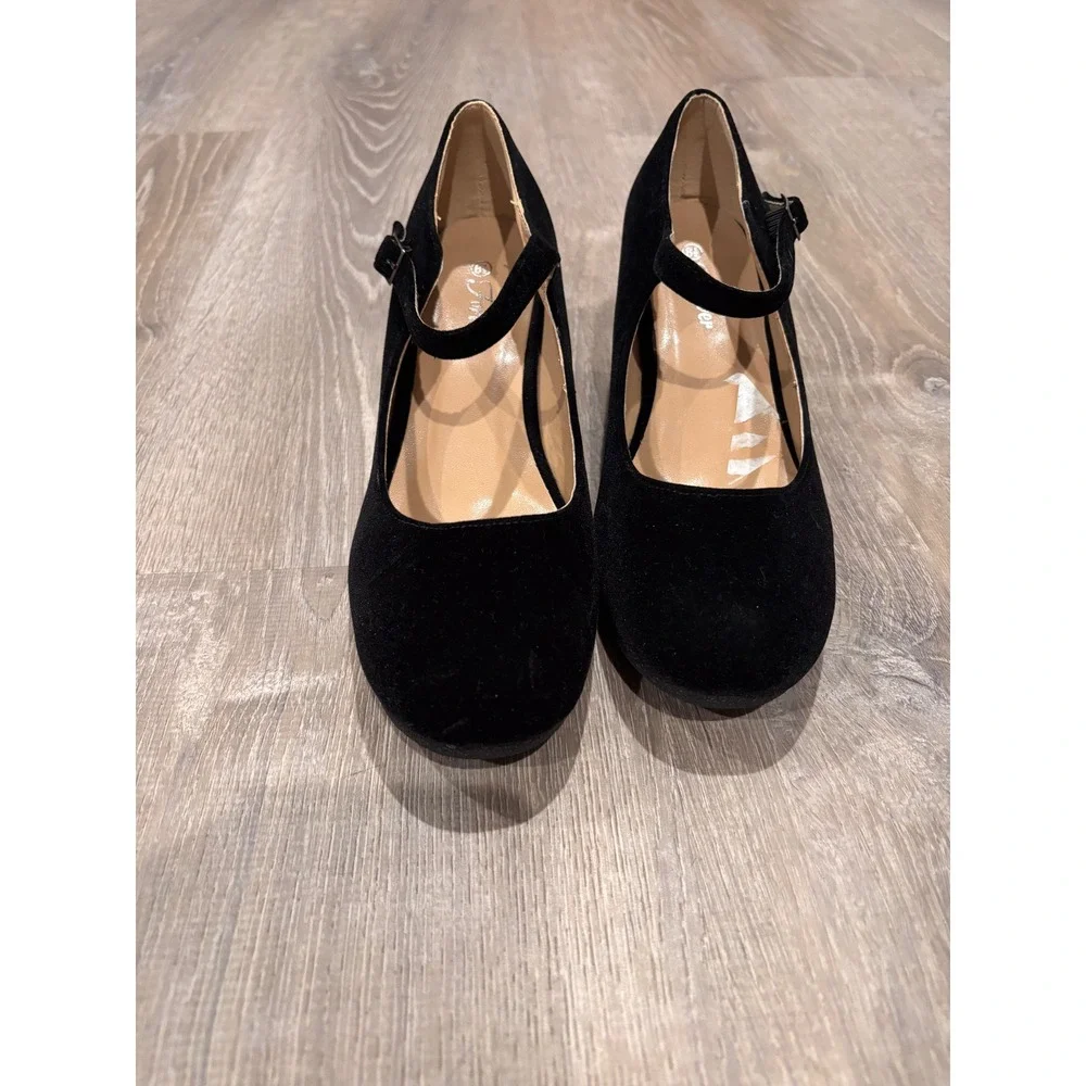 Forever Mary Jane‎ Wedge Heels Black Suede Ankle Strap Platform Pumps Shoes